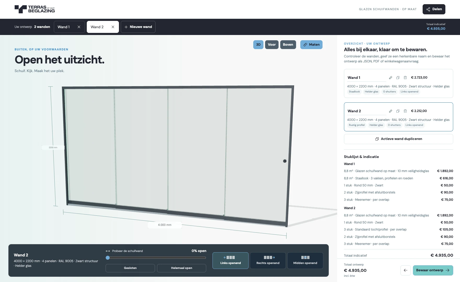 The configurator's project overview with two glass walls, an item breakdown and indicative totals