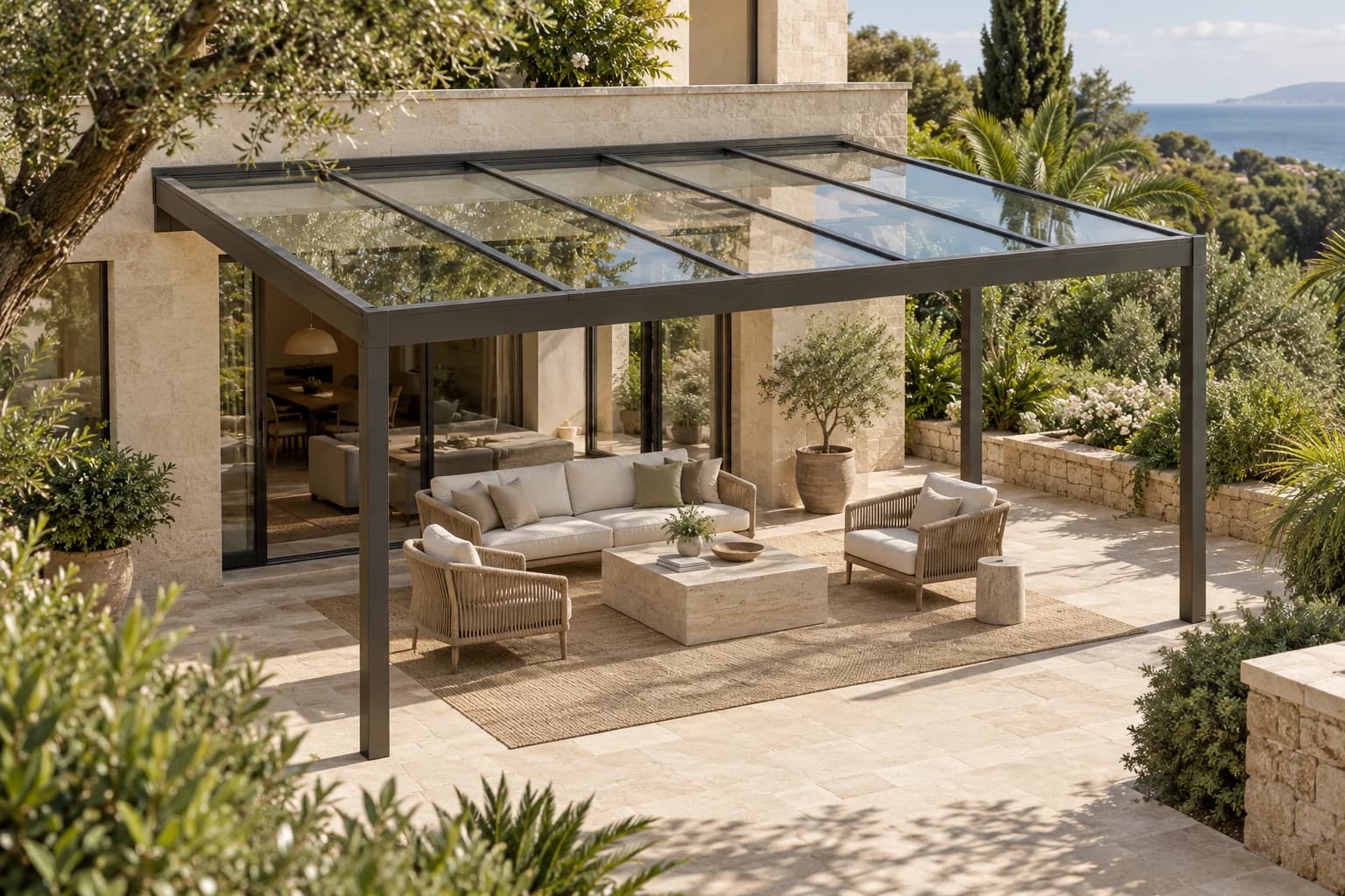 Modern aluminium canopy with a glazed roof beside a light-coloured villa, with a terrace and green planting.