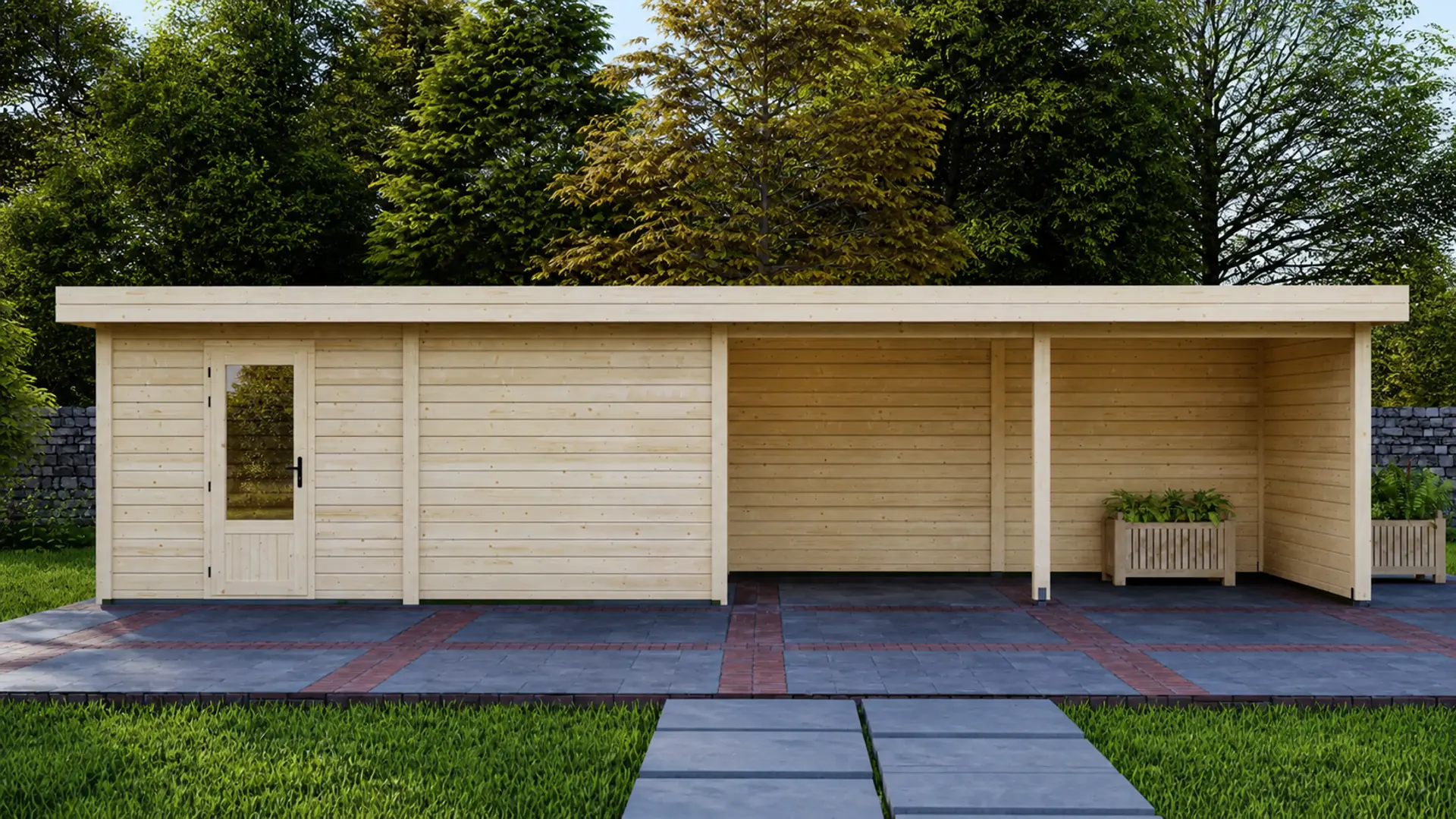 Modulaire houten cabin met een overdekte buitenruimte