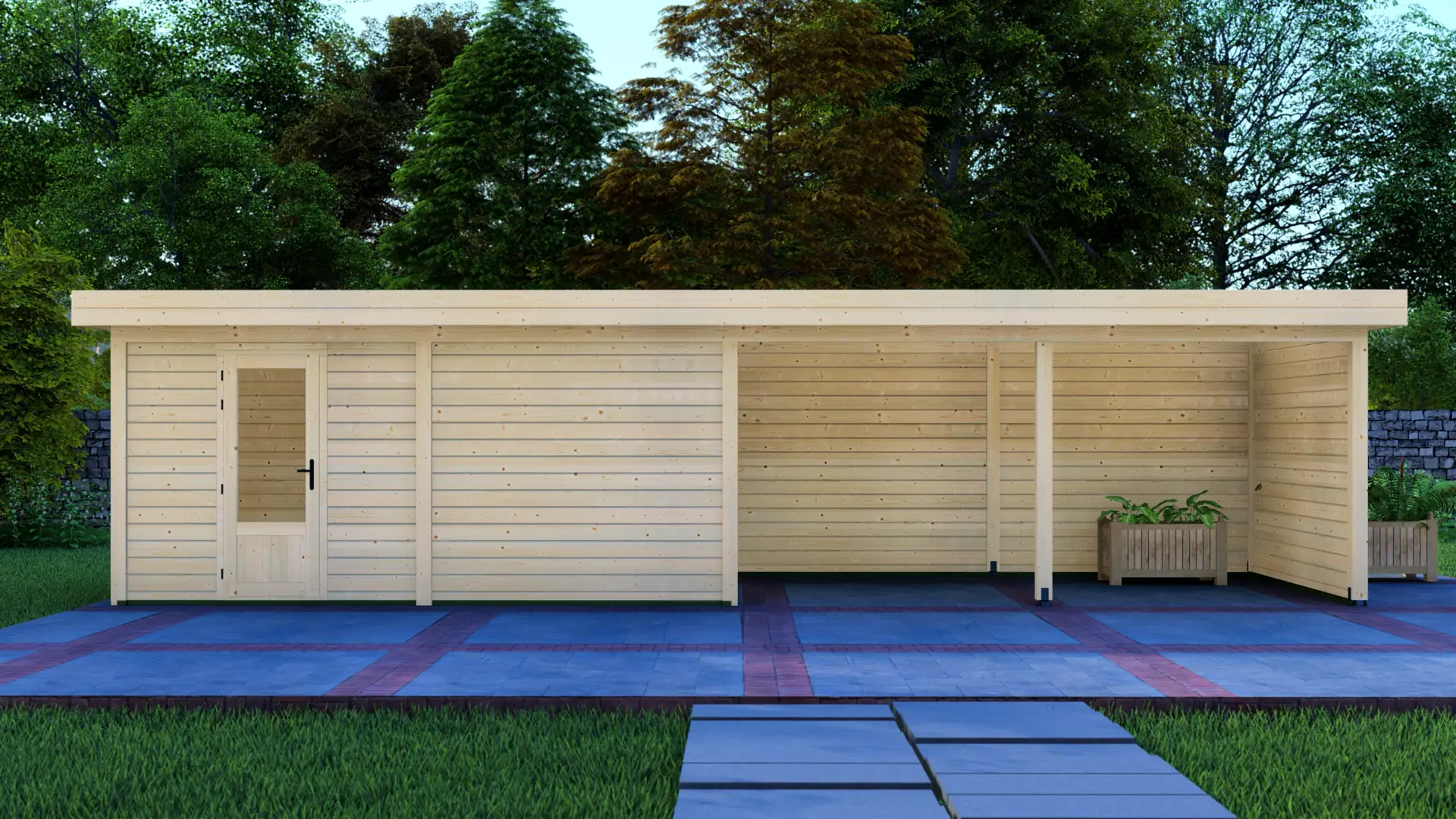 Modular timber cabin with a covered outdoor extension