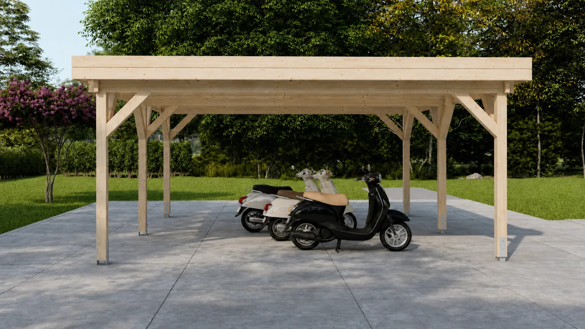 Houten carport uit een modulair gebouwenassortiment