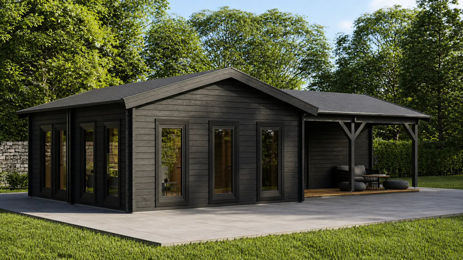 Hedendaags modulair houten huis omgeven door groen