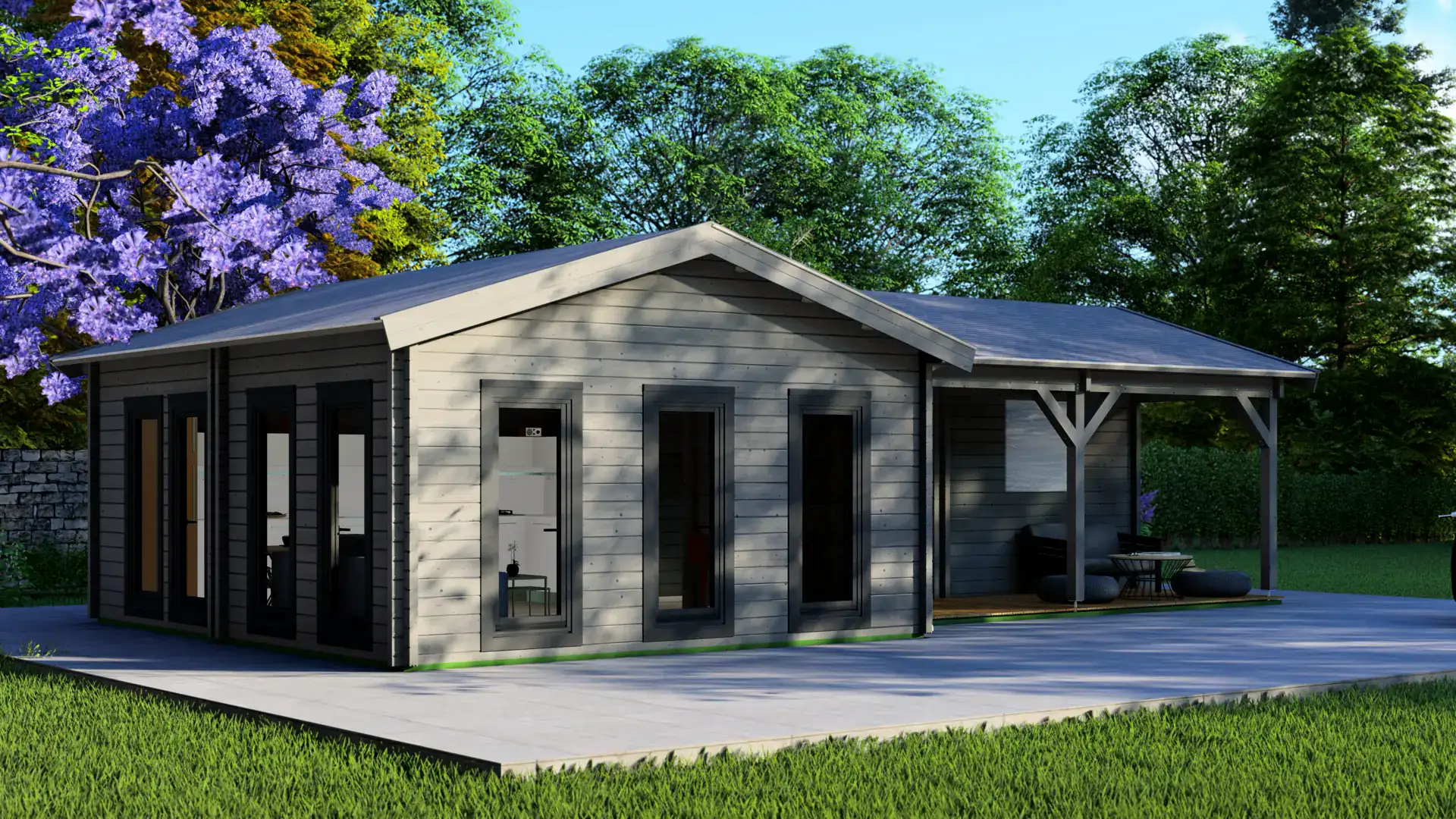 Contemporary modular timber house surrounded by greenery