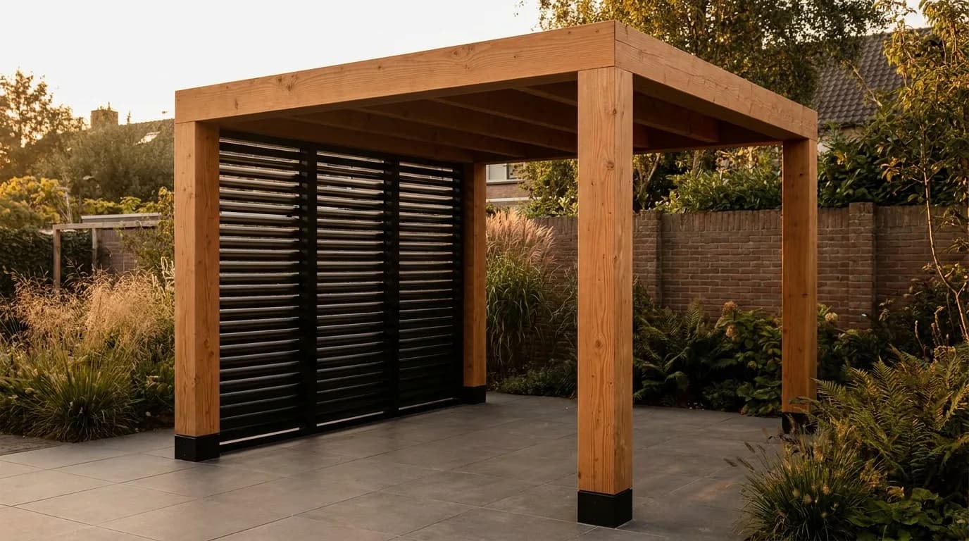 Strakke Douglas overkapping met donkere shutters