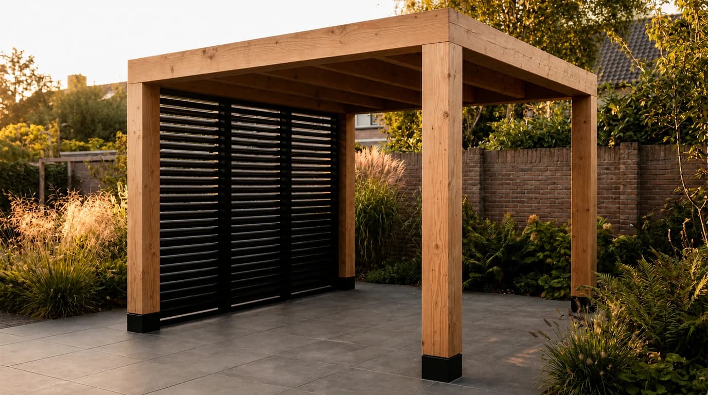 Clean-lined Douglas timber canopy with dark shutters