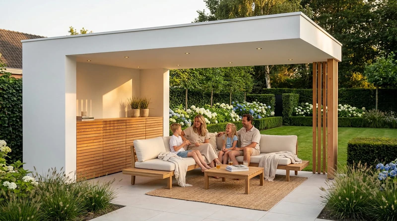 Lichte overkapping met houten latten en warme verlichting