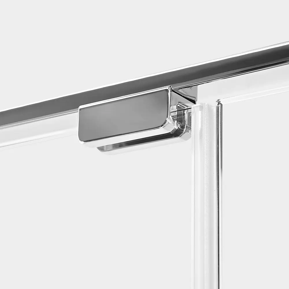 Chrome stabilizer detail on a glass shower panel