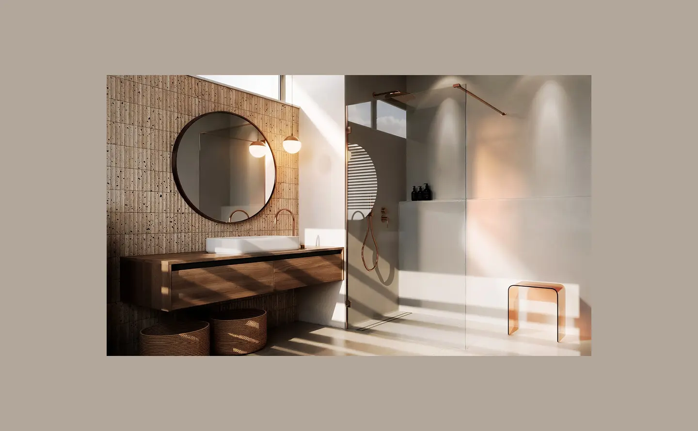 Sunlit bathroom with a clear shower panel and warm metal details