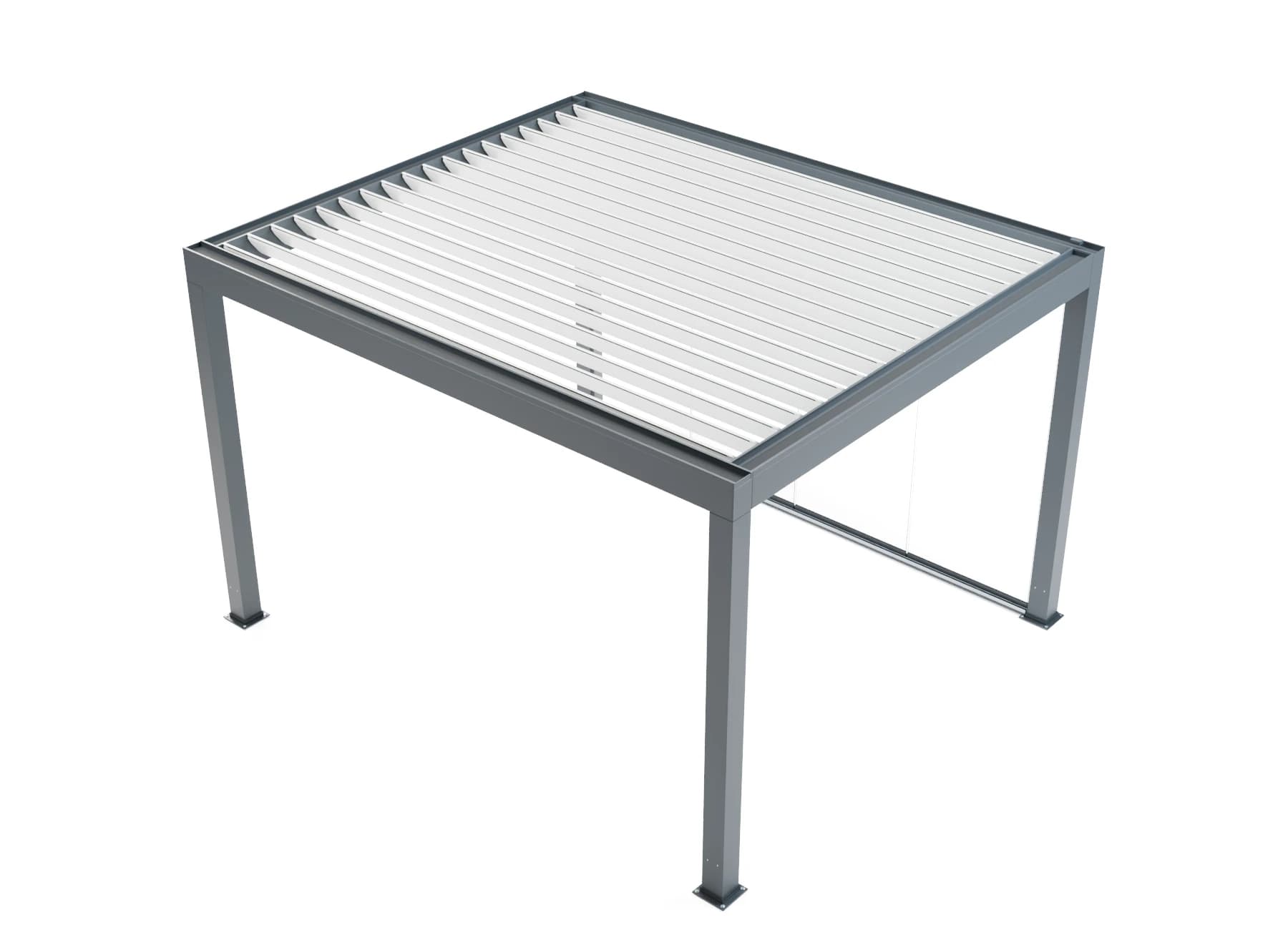 Product visualisation of the AEREN pergola with a louvred roof, grey profiles and glazed side wall on a white background.