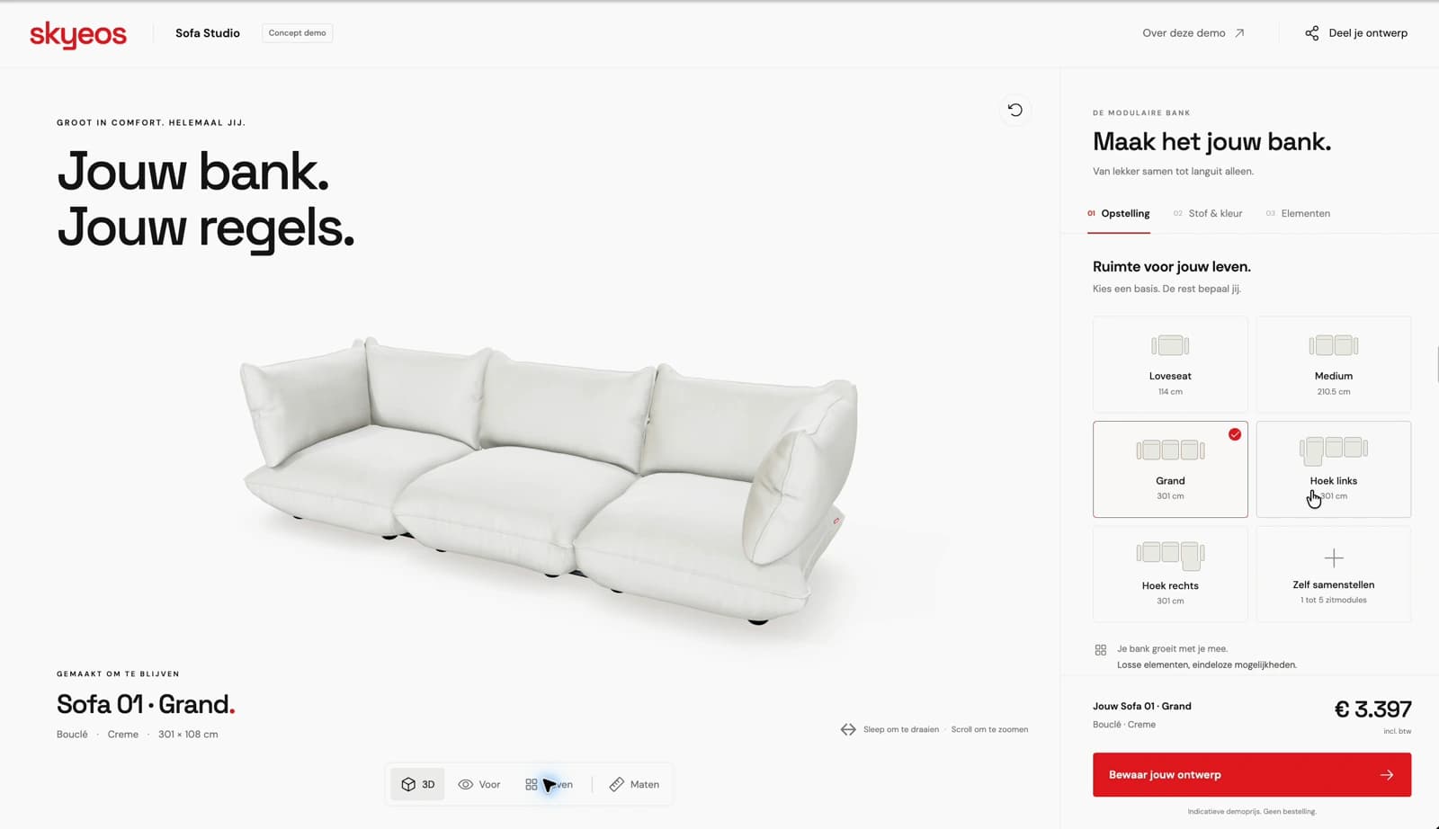 Sofa Studio concept demonstration: Sofa01 in a bright 3D studio with fabric and configuration controls