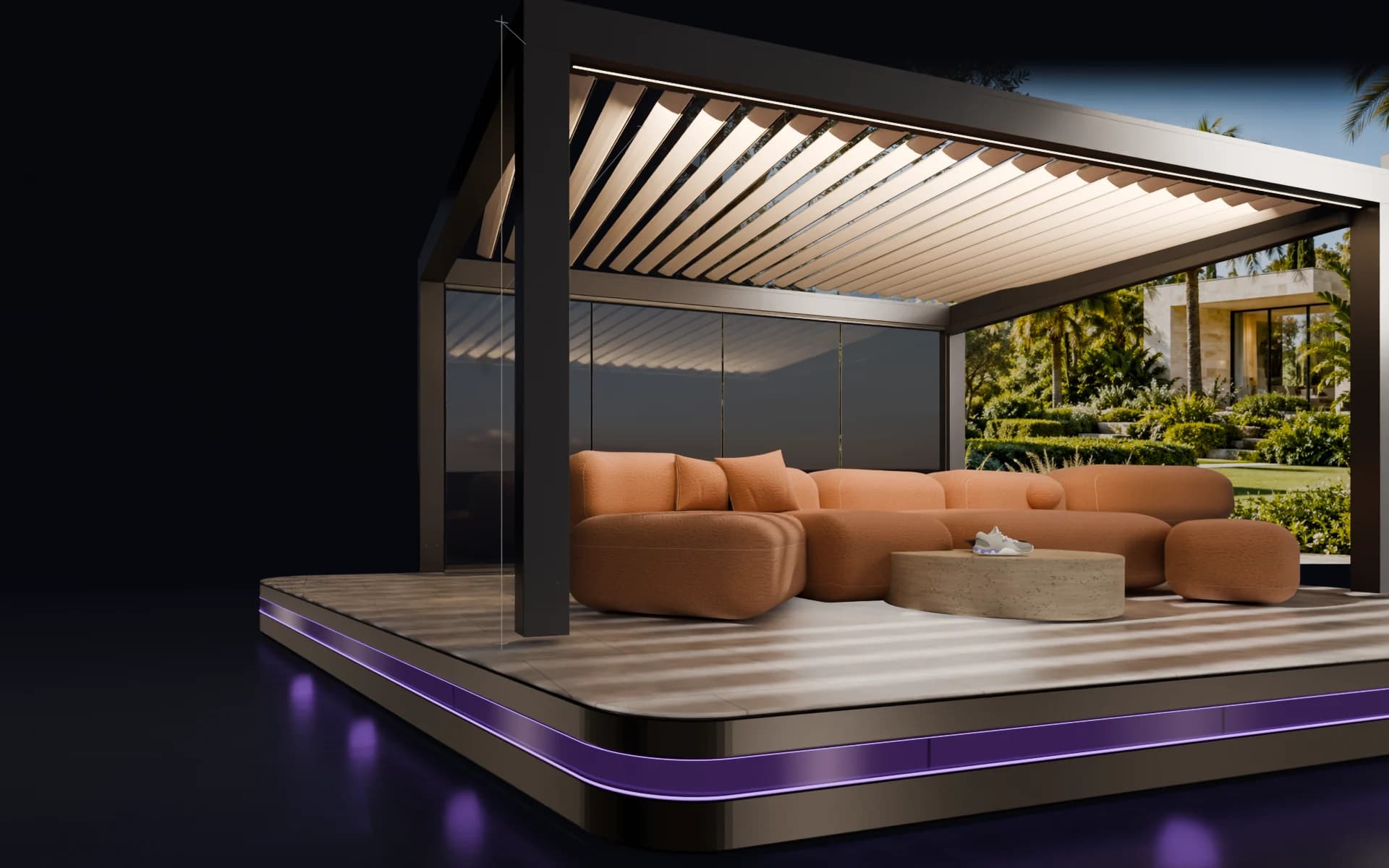 Een pergola, modulaire sofa en sneaker in één door Skyeos ontworpen productwereld.